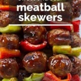 Sweet and Sour Meatball Skewers with text overlay.