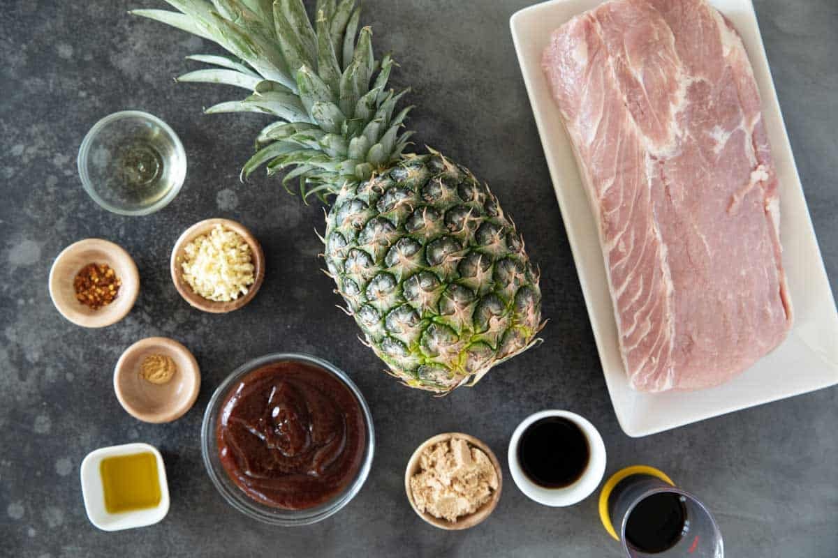 Ingredients for BBQ Pork Kabobs with fresh pineapple.
