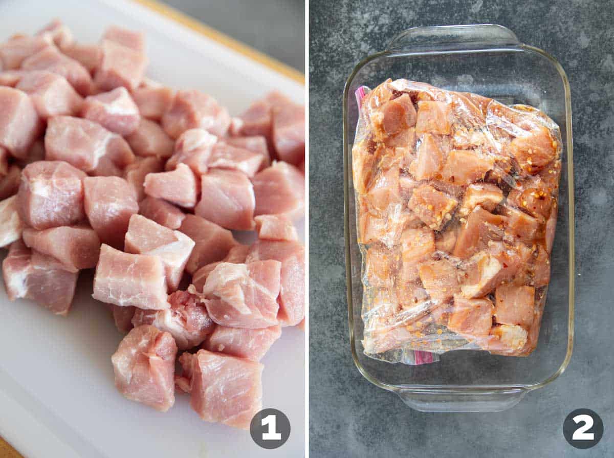 Cutting pork into chunks and marinating in a bag.