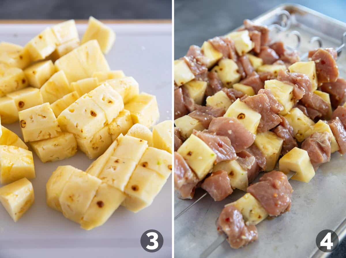 Cutting pineapple into chunks, and threading pork and pineapple on skewers.