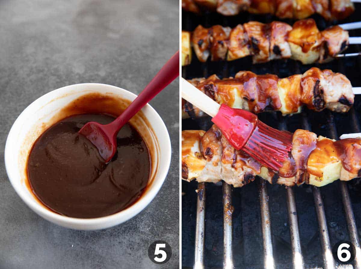 Mixing bbq sauce, and grilling pork kabobs.