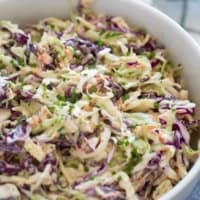 Bowl filled with homemade coleslaw with green and purple cabbage.