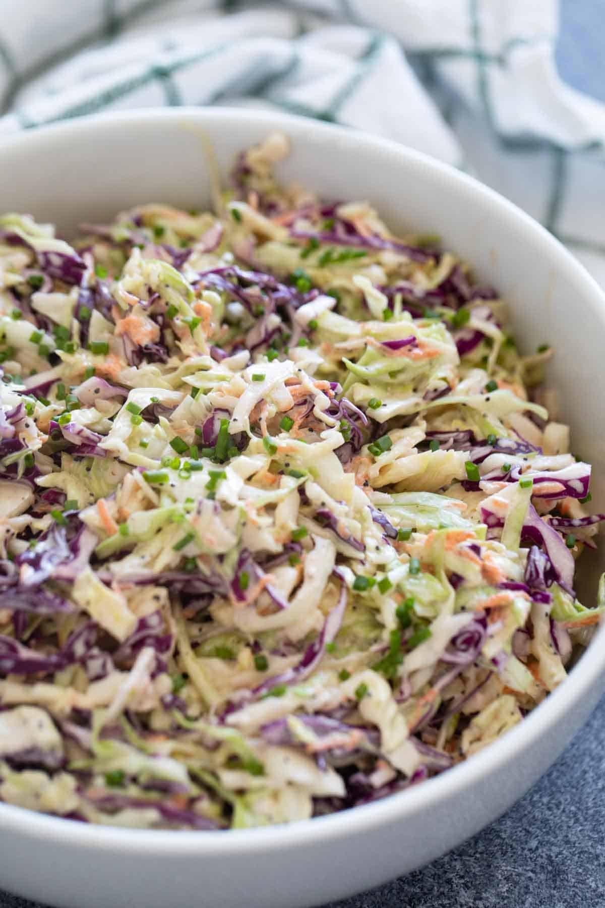 Bowl filled with homemade coleslaw with green and purple cabbage.
