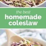 Homemade Coleslaw Recipe collage with text bar in the middle.