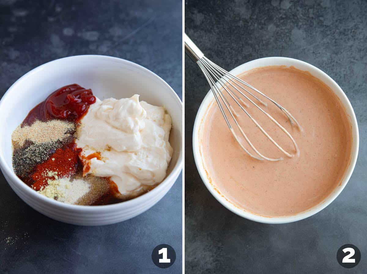 Mixing together ingredients to make Comeback Sauce.