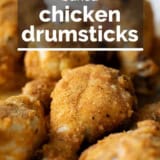 Crispy Baked Chicken Drumsticks with text overlay.