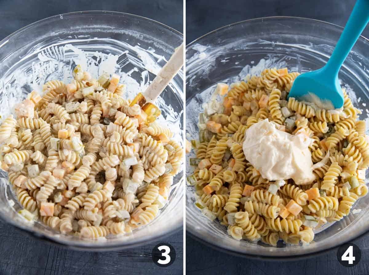 Mixing ingredients together for Dill Pickle Pasta Salad, and adding extra mayonnaise.