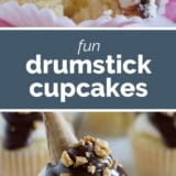 Drumstick Cupcakes collage with text bar in the middle.