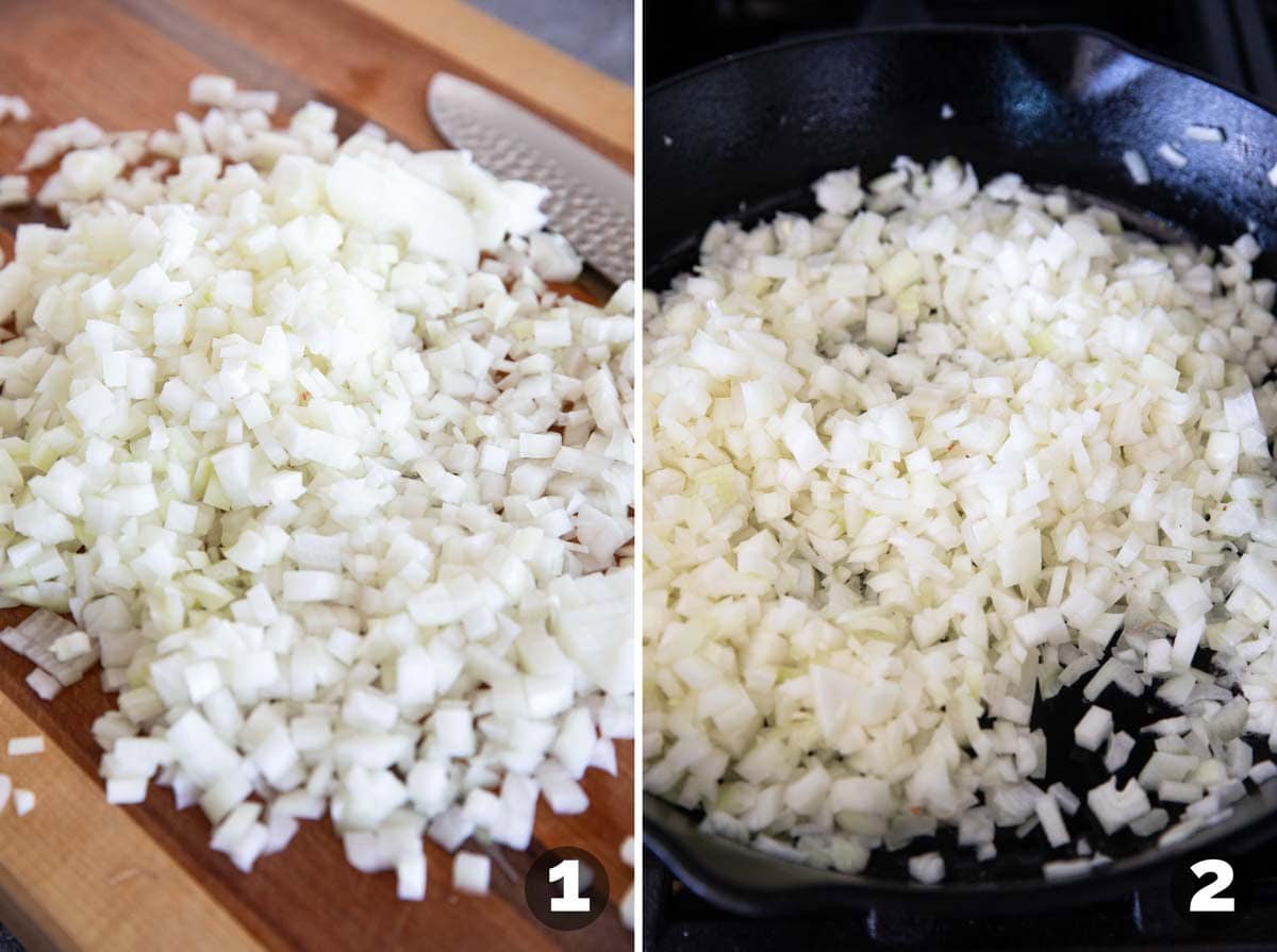 Dicing onions, and cooking onions in a cast iron pan.