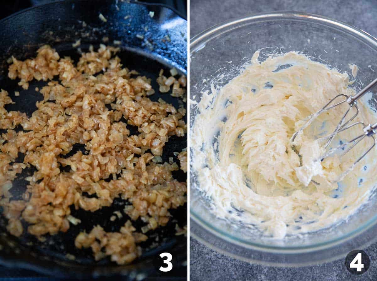 Caramelizing onions and beating cream cheese.