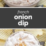 French Onion Dip collage with text bar in the middle.