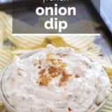 French Onion Dip with text overlay.