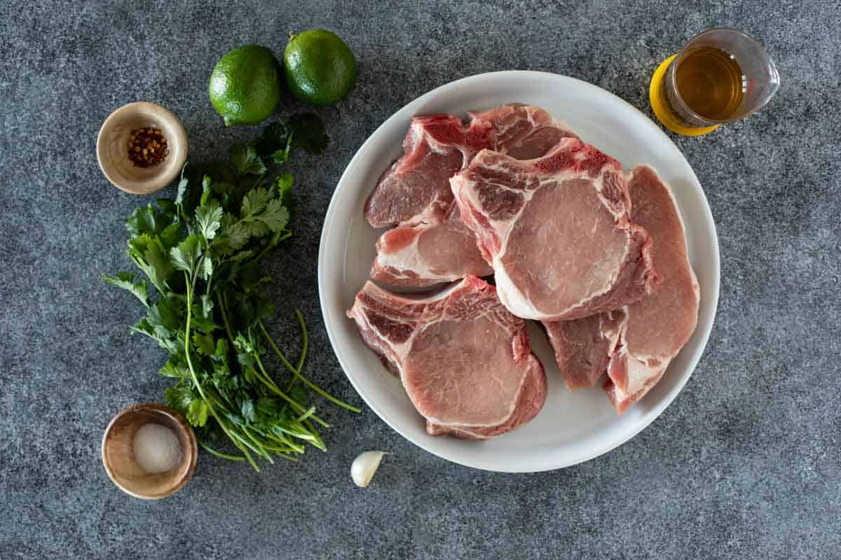 Ingredients for Grilled Pork Chops with Cilantro Lime Sauce.
