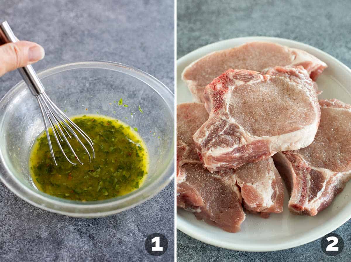 Mixing ingredients for cilantro lime sauce, and seasoned pork chops on a plate.