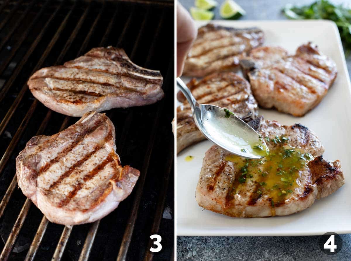 Grilling pork chops and adding cilantro lime sauce.