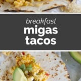 Migas Tacos collage with text bar in the middle.