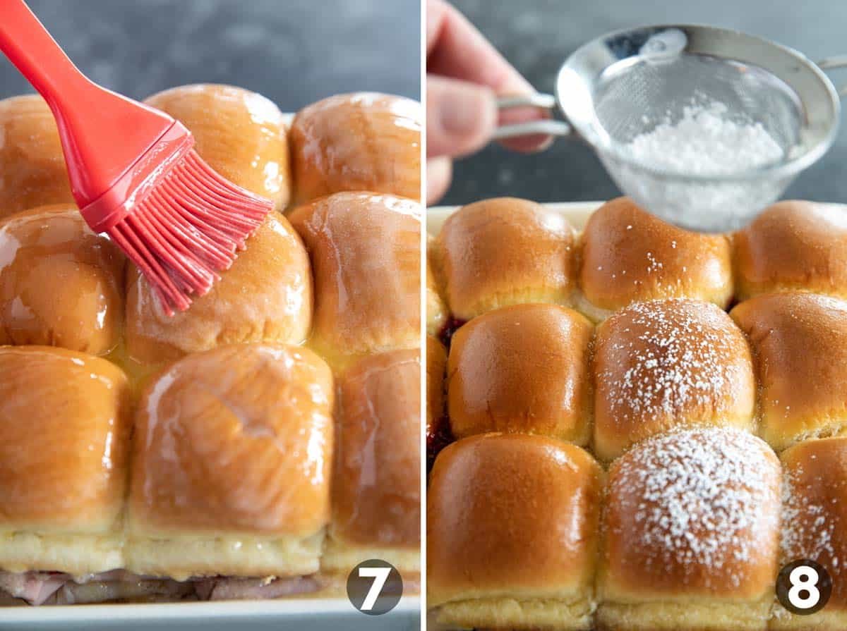 Brushing Monte Cristo Sliders with butter, then dusting with powdered sugar.
