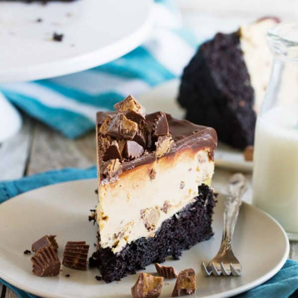 Slice of Peanut Butter Cup Ice Cream Cake with dark chocolate cake, peanut butter ice cream, and chocolate ganache.