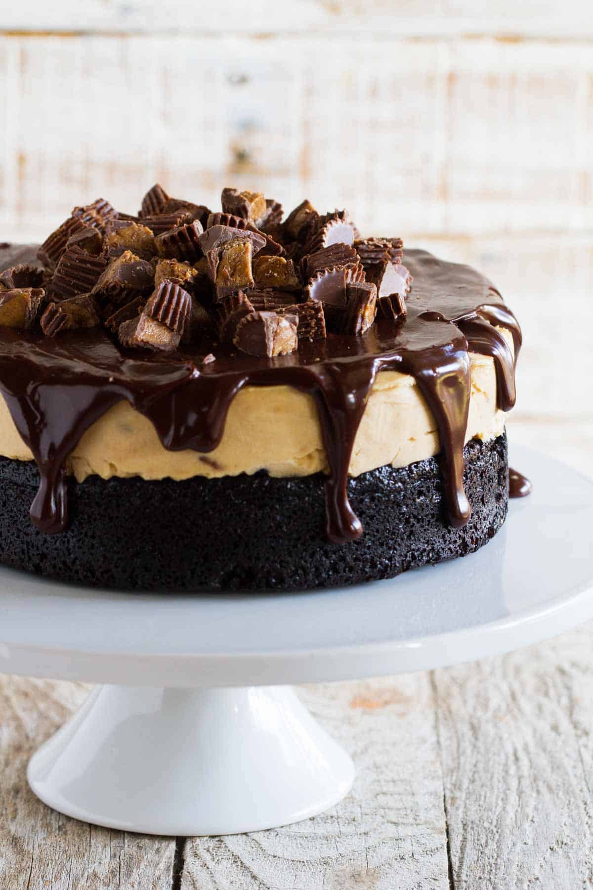 Full peanut butter cup ice cream cake topped with chocolate ganache.