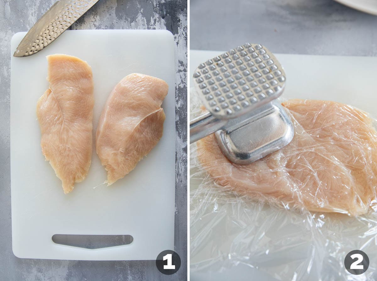Cutting chicken and pounding it thin.