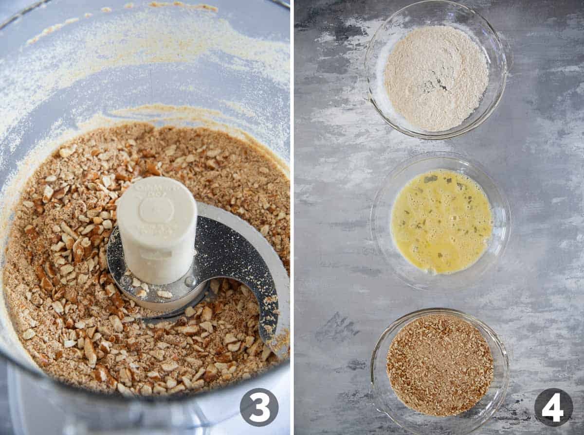 Processing pretzels, and setting up to coat chicken in a pretzel coating.