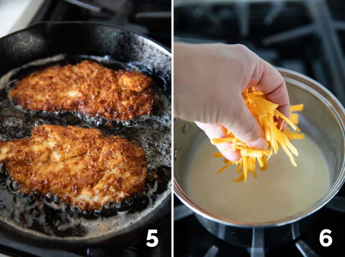 Frying pretzel crusted chicken in a cast iron skillet, and making mustard cheddar sauce.