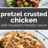 Pretzel Crusted Chicken collage with text bar in the middle.