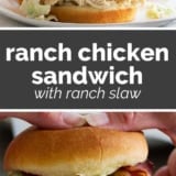 Ranch Chicken Sandwiches with Ranch Slaw collage with text bar in the middle.