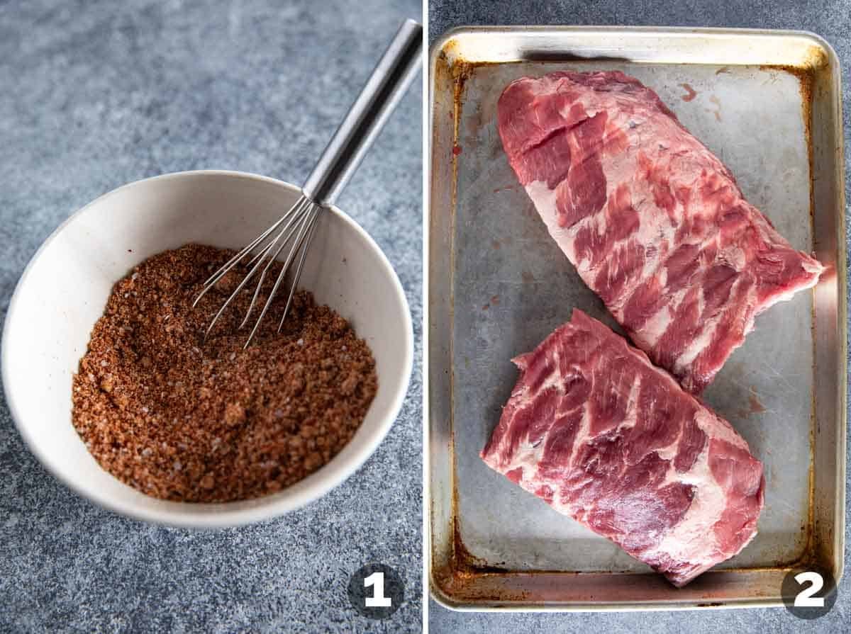 Making spice rub and cutting rack of ribs in half.