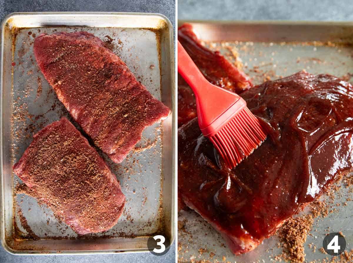 Rubbing ribs with spice mixture and adding bbq sauce.