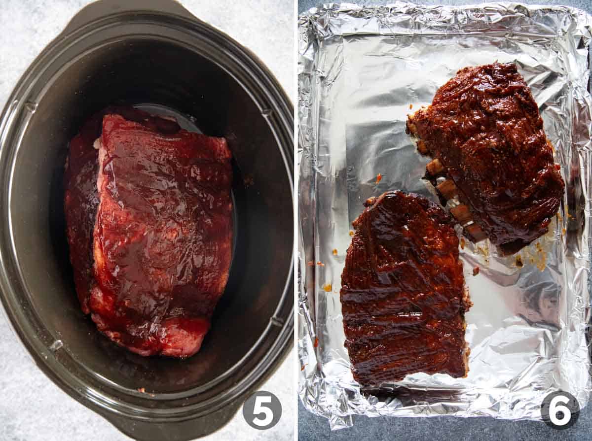 Placing bbq ribs in a slow cooker, and transferring to the oven to broil.