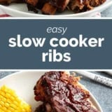 Slow Cooker Ribs collage with text bar in the middle.