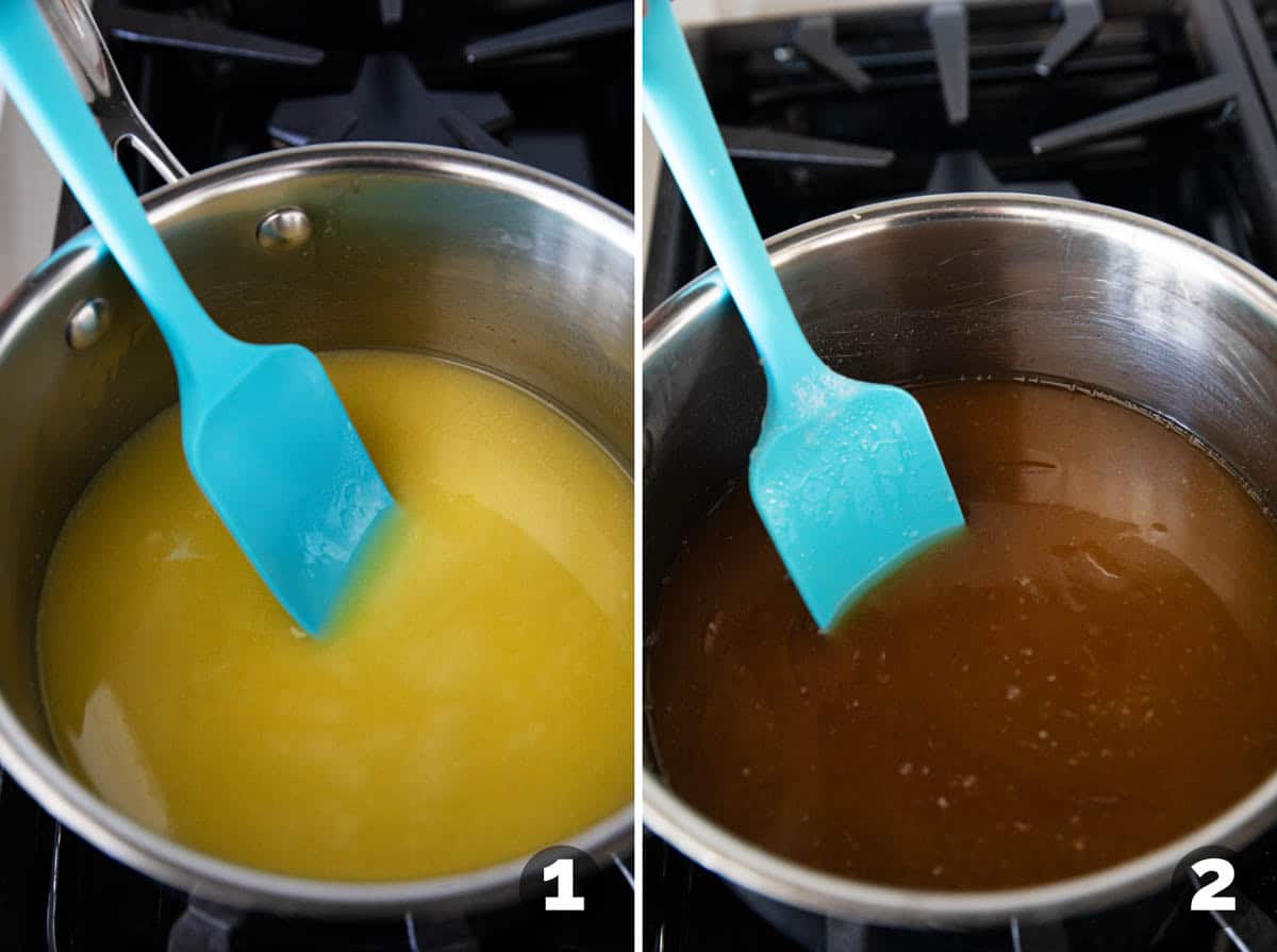 Melting butter and sugar together to make caramel.