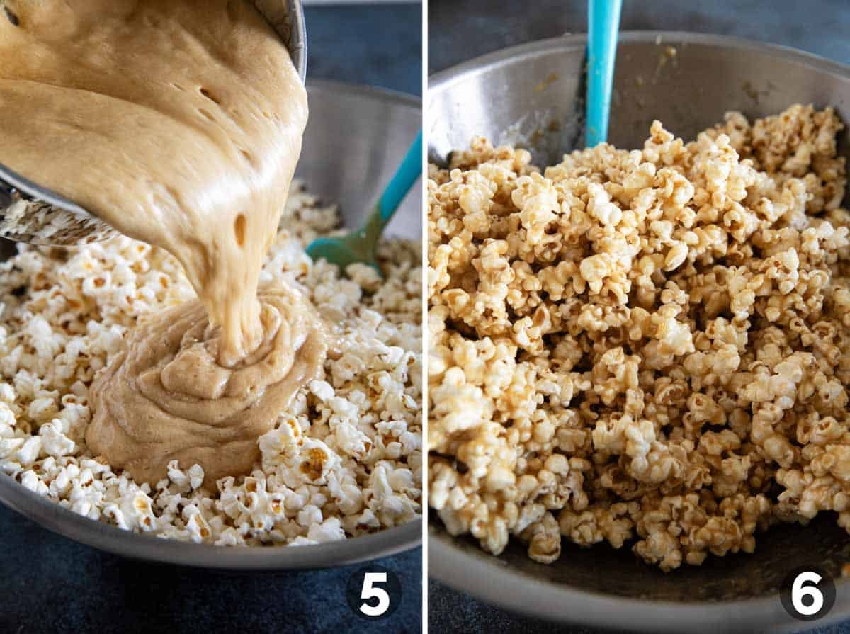 Adding caramel to popcorn and mixing to combine.