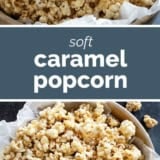 Soft Caramel Popcorn collage with text bar in the middle.