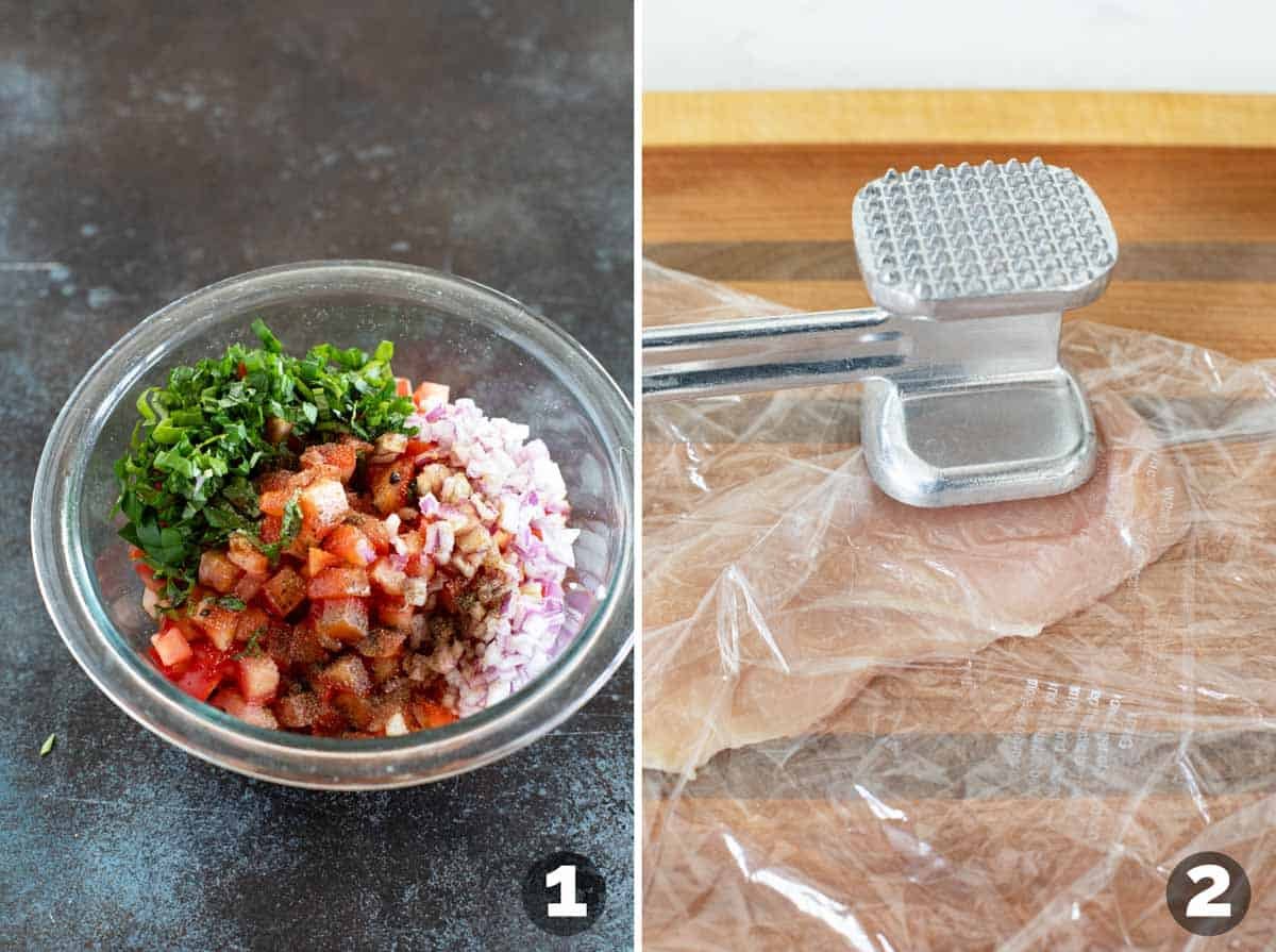 Making tomato basil topping for Bruschetta Chicken and pounding chicken breast halves thin.