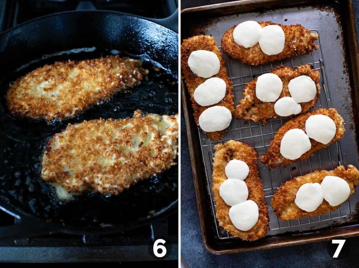 Shallow frying chicken and adding fresh mozzarella to the top of the chicken.