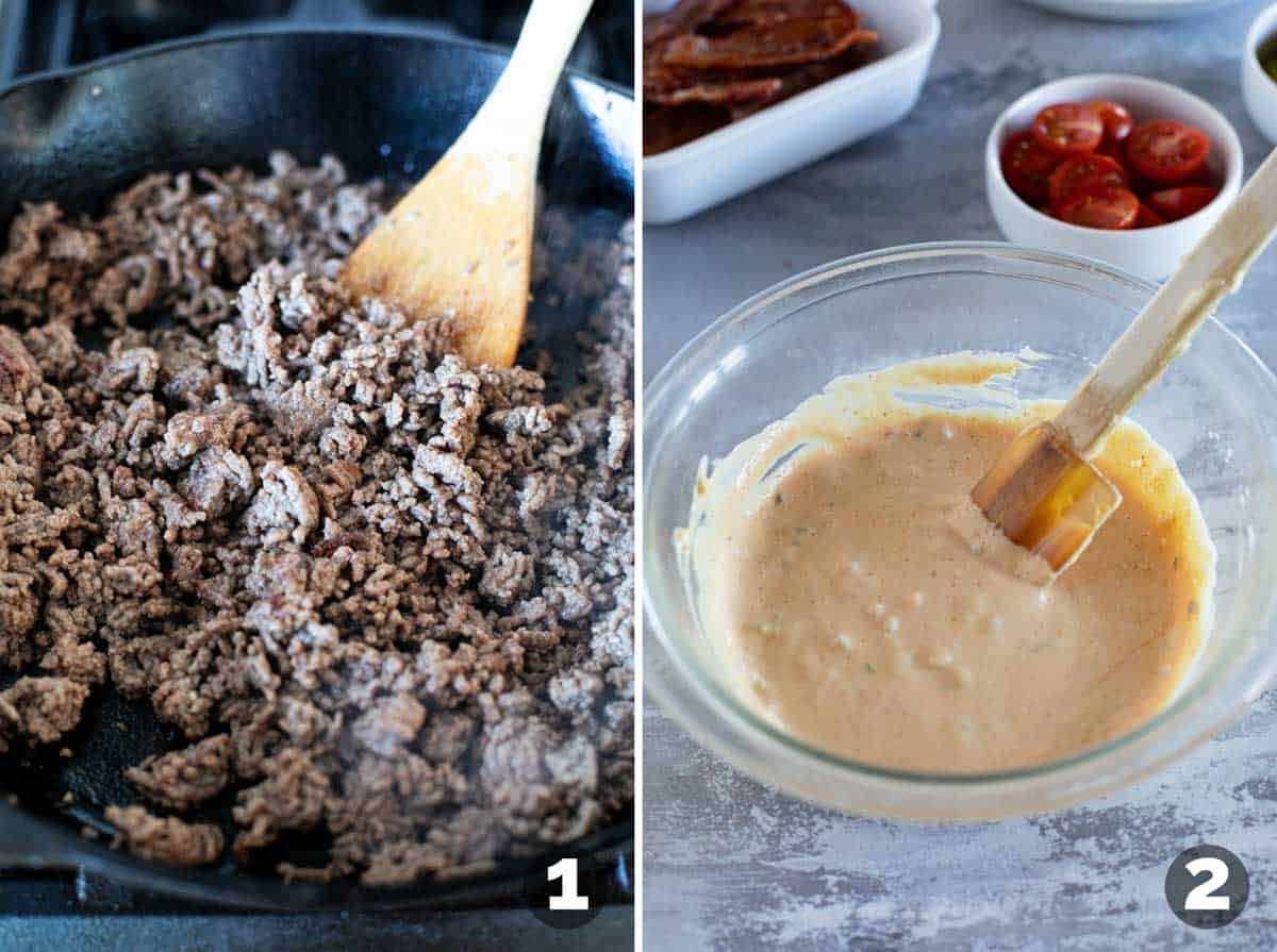 Cooking ground beef and making special sauce.