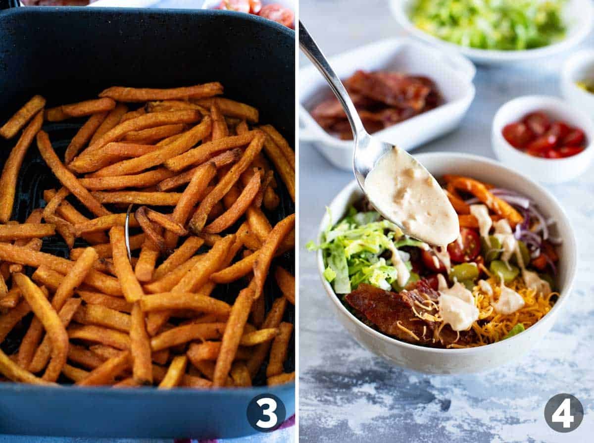 Cooking sweet potato fries and adding special sauce to the top of burger bowls.