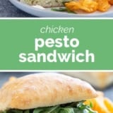 Chicken Pesto Sandwich collage with text bar in the middle.