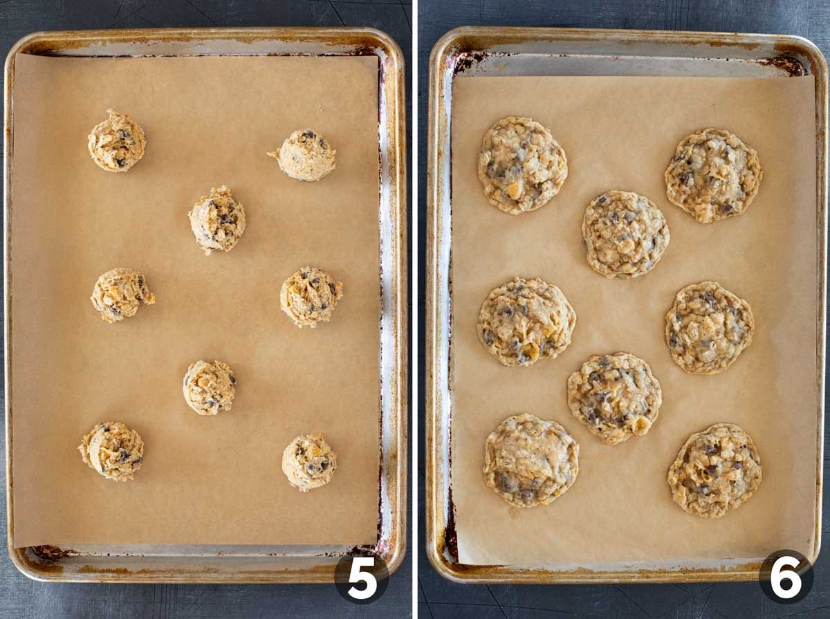 Cornflake Cookies dough on a baking sheet, and baked cookies.