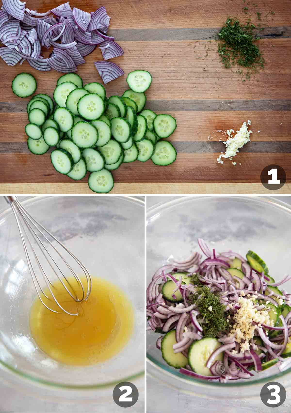 Steps to make Cucumber Onion Salad, including chopping vegetables, making dressing, and mixing together.
