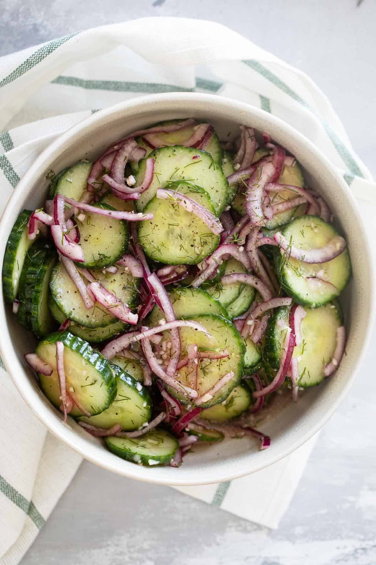 Bowl of Cucumber Onion Salad with Dill.