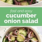 Cucumber Onion Salad collage with text bar in the middle.