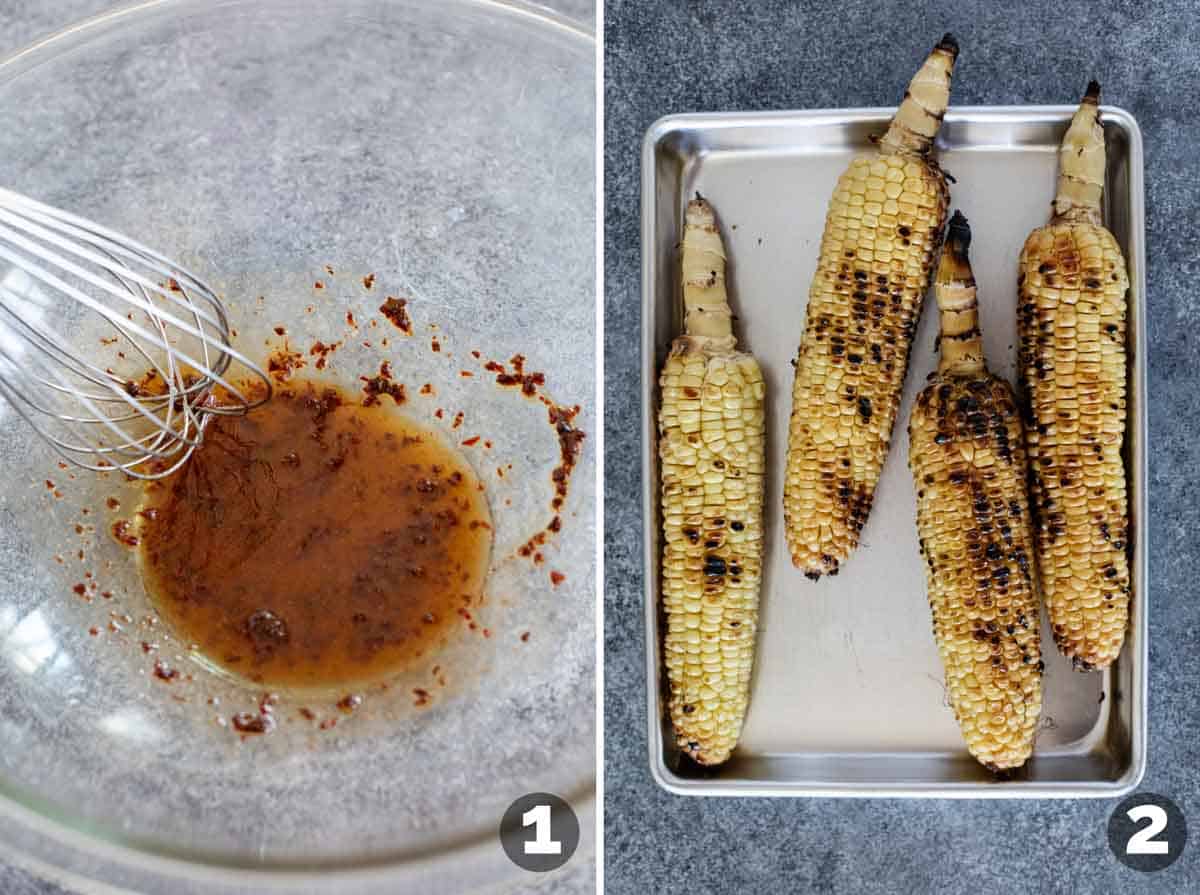 Mixing dressing ingredients, and grilled corn on a baking sheet.