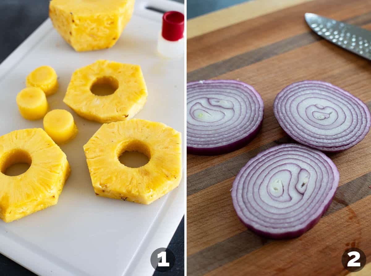 Cutting rings of pineapple and slices of red onions.