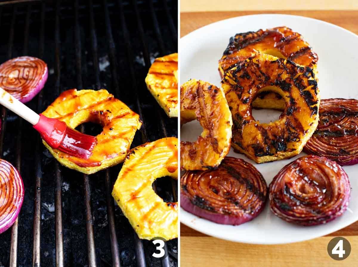 Grillied pineapple and onions brushed with barbecue sauce.