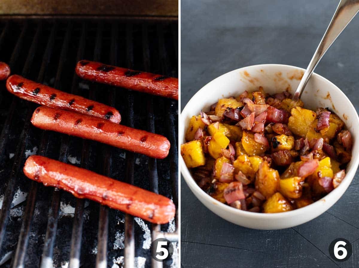 Hot dogs on a grill, and chopped pineapple and onions in a bowl.