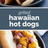 Hawaiian Hot Dogs collage with text bar in the middle.