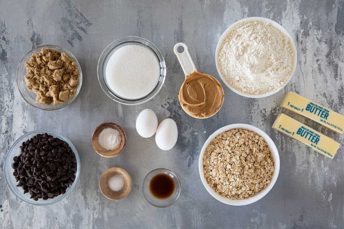 Ingredients for Peanut Butter Oatmeal Cookies with Chocolate Chips.